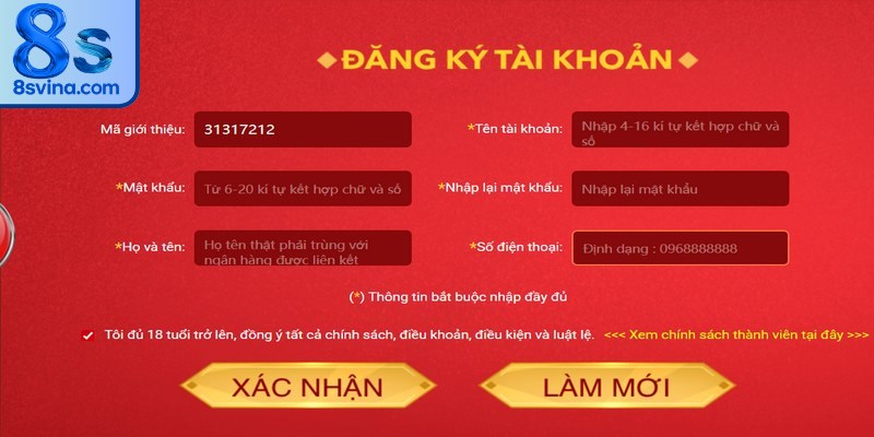 Đăng ký 8S với quy trình nhanh chóng và rất thuận lợi