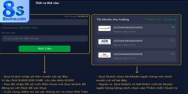 Member lựa chọn cho mình phương thức rút tiền 8S thuận tiện